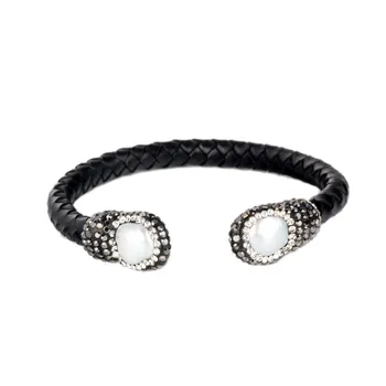 

Black Snakeskin Bangle Double Pearl Cuff Bangle Bracelet Adjustable Leather Bangle Stone Statement Jewelry