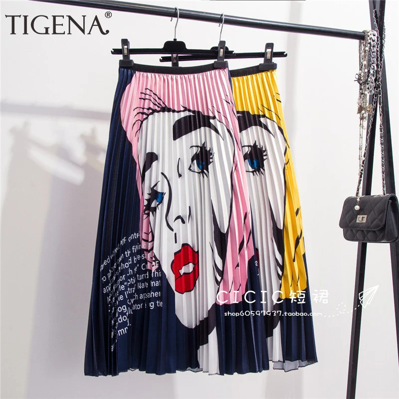TIGENA beauty, плиссированные юбки с рисунком, Женская мода, весна-лето, высокая талия, длинная юбка миди, женская уличная юбка