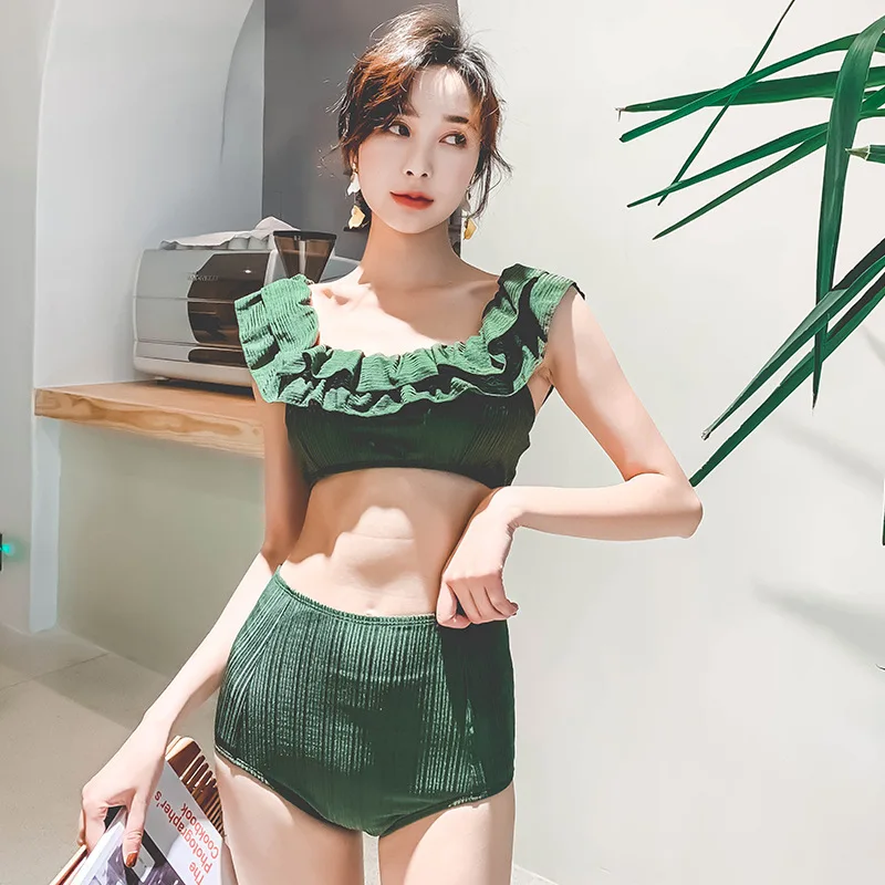 

Swimming Costume Bathing Suit 2019 Push Up Swimsuit For Women Woman Bikini Suits Word Falbala Pure Color Solid Polyester Sierra