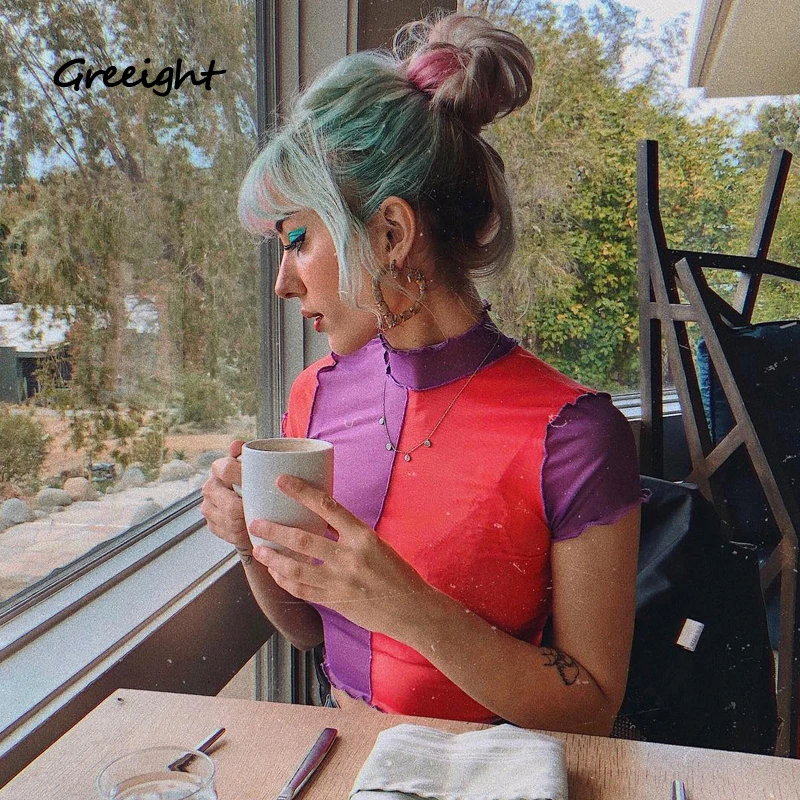 

Sexy Women T Shirt See Through Transparent Mesh Tops Short Sleeve Sheer Slim Lady Turtleneck T-Shirt Splicing Color Pink/Purple