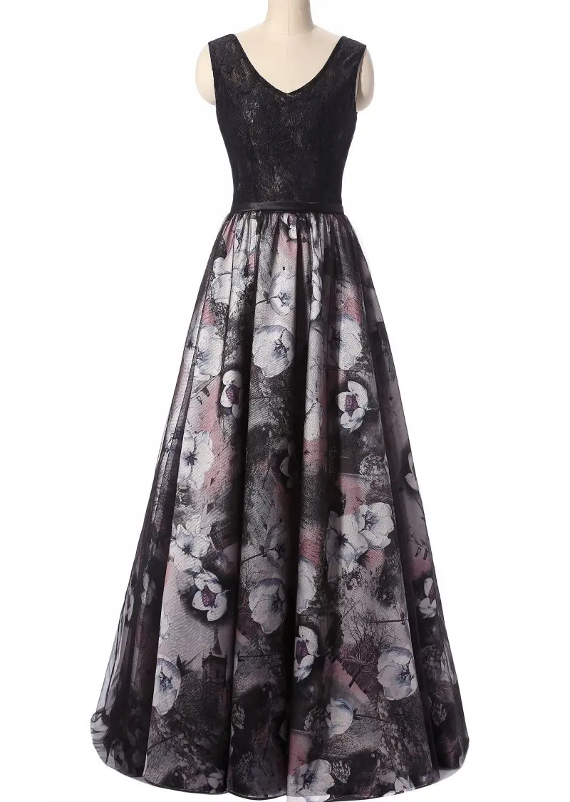 

Elegant V-neck Backless Evening dress 2019 Print Flower tulle Lace-up Formal Dress Lace Applique Evening Dress Long
