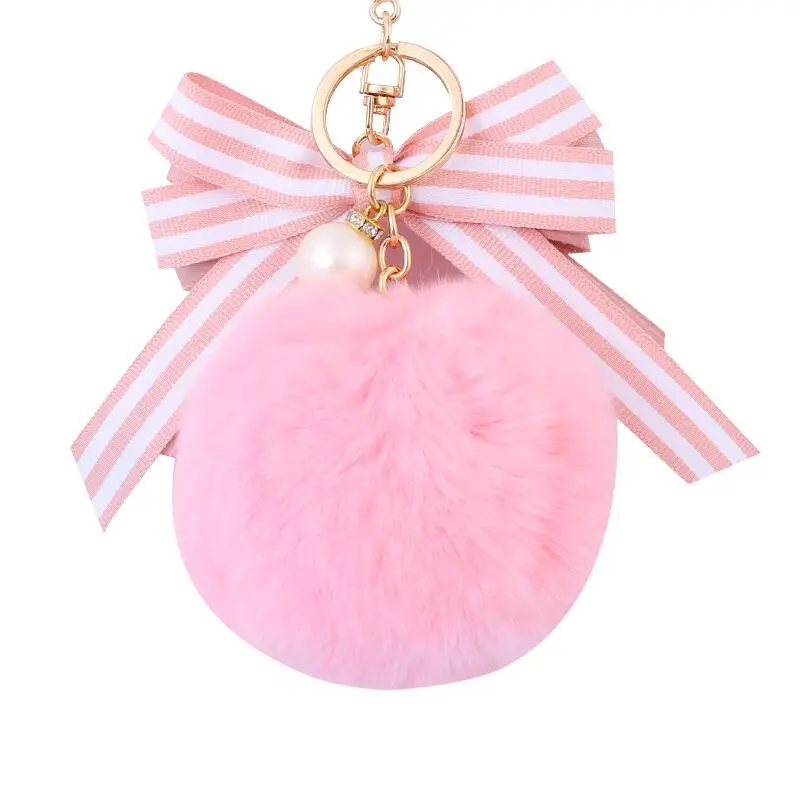 

Cute Striped Bow Fur keychain Pearl Pompom Fake Fur Ball Key Chain Fluffy Pompon Keyring Bag Charms Key Ring Llaveros Chaveiros