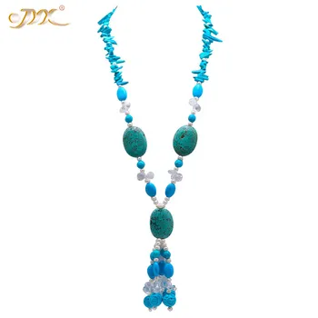 

JYX Elegant Long Turquoise Necklace 30*40mm Irregular Turquoise Long Necklace Gemstone 34" Turquoise Jewelry with pearls crystal