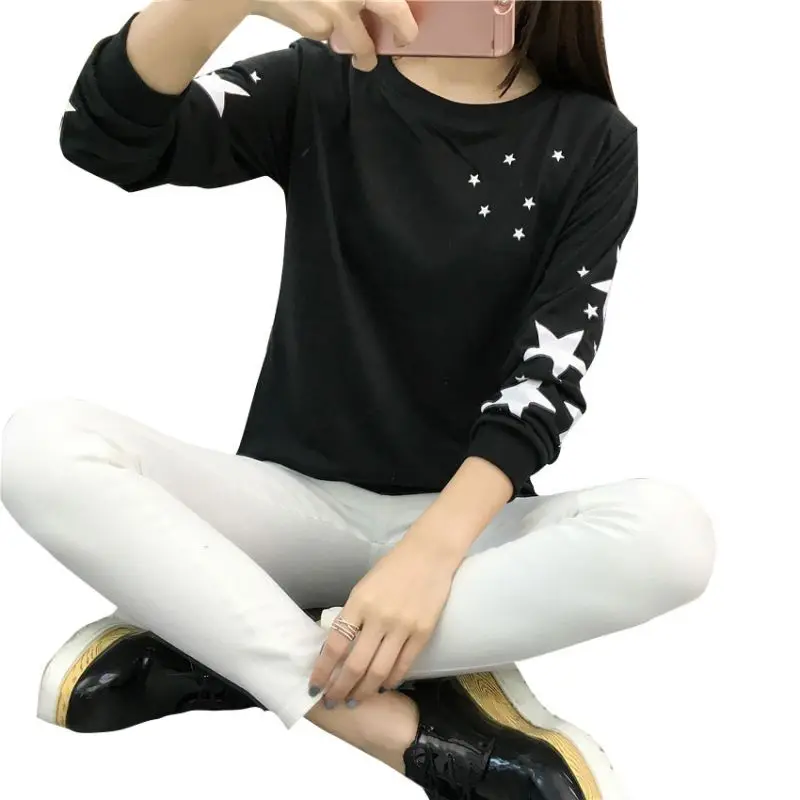

Winter Girl Hoodie Embroidery Star Pattern Cotton Thick Velvet Warm Round Neck Long Sleeve Hoodie Sweatshirts