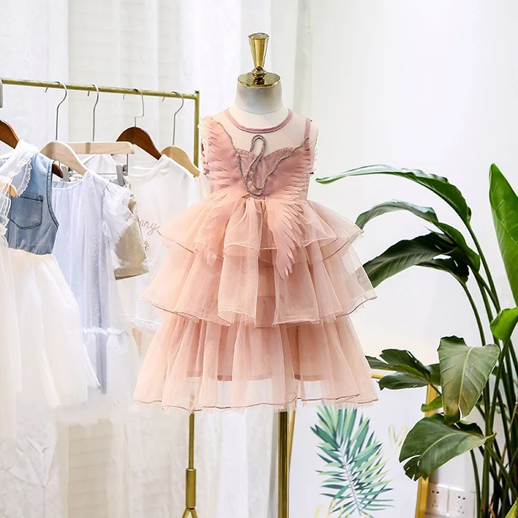 

6540 Swan Wings Embroidery Tutu Princess Baby Girl Dresses Summer Party Wedding Kid Dresses For Girl Wholesale Baby Girl Clothes