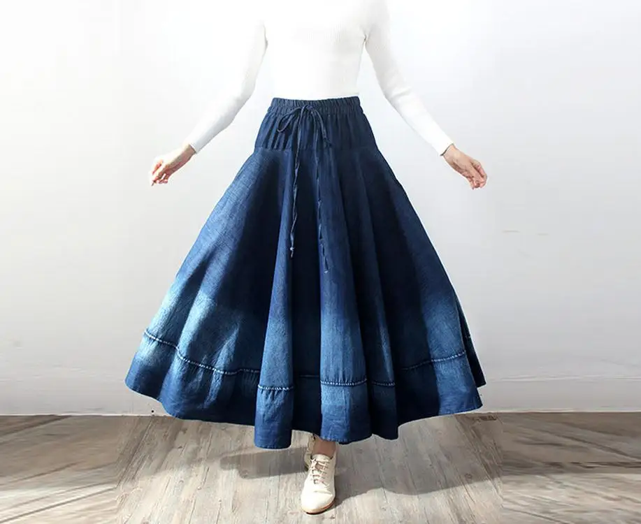 Винтажные Этнические вышитые богемные сплайсированные стиль Mori Girl преппи стиль джинсовые макси юбки для женщин D390