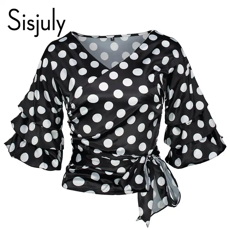 Sisjuly Vintage Blouse Polka Dots 50s Retro Black White V Neck