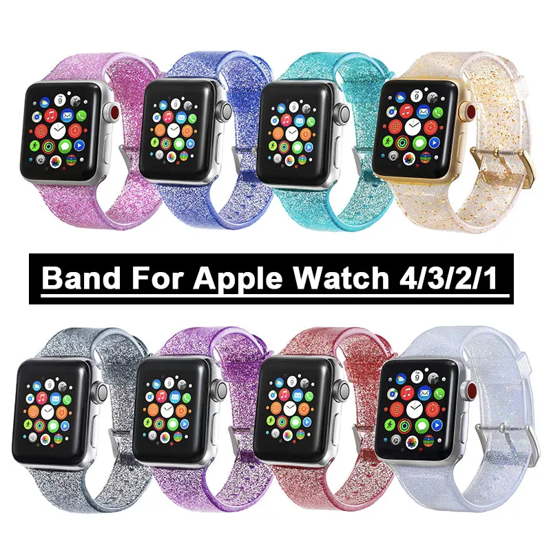 

Shiny Glitter Silicone Transparent Strap For Apple Watch 38/42mm Waterproof Replacement Band for iWatch Smartwatch 4/3/2 Series