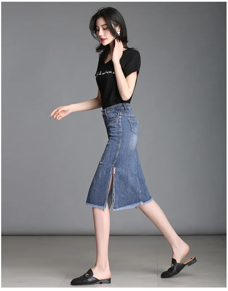 Летняя юбка, новая Корейская женская модная юбка с высокой талией, Женская Повседневная джинсовая юбка, юбка миди с разрезом, Женская юбка, одежда