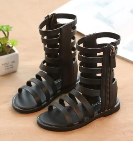 1 2 3 4 5 6 7 8 Years Little Girls Summer Rome Long Sandals Boots For Kids Girls Brown Black Dress Shoes Sandals New - Цвет: black