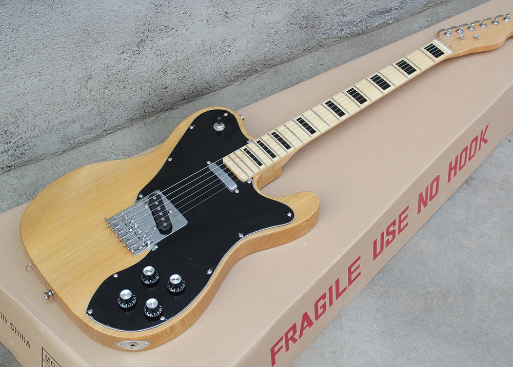 

Factory Natural Wood Color Electric Guitar with Elm Body,Black Block Fret Inlay,Chrome Hardware,Can be customized