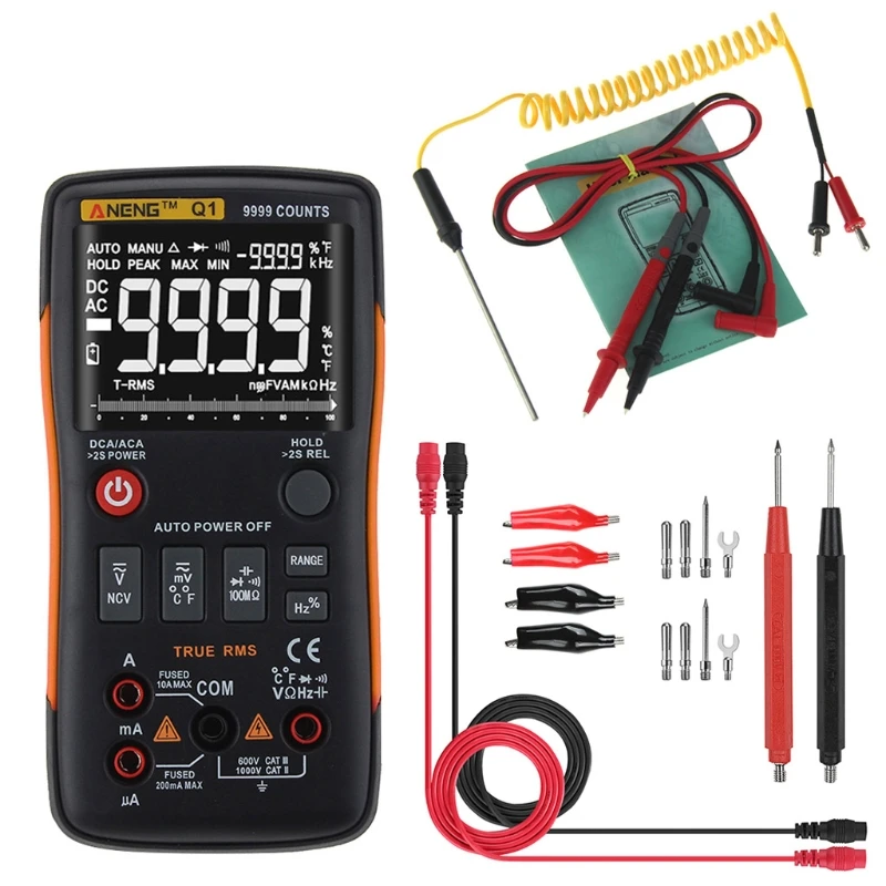 

Q1 True-RMS Digital Multimeter Button 9999 Counts Analog Bar Graph AC/DC Tester 'limit 15