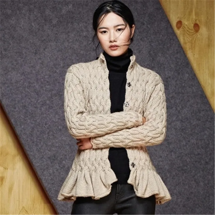  hand made pure wool thick knit women fashion solid stand collar loose single breasted cardigan swea