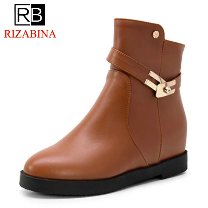 

RizaBina Women Ankle Boots Fashion Warm Fur Shoes Woman Zipper Flats Short Boots Buckle Round Toe Rivets Footwear Size 35-43