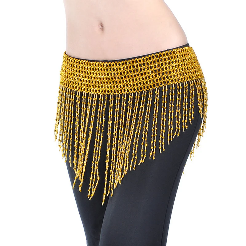 Women Bellydance Clothes Tassel Hip Scarf Belly Dance Elastic Wrapped Belt with Gold/silver Beaded Fringes