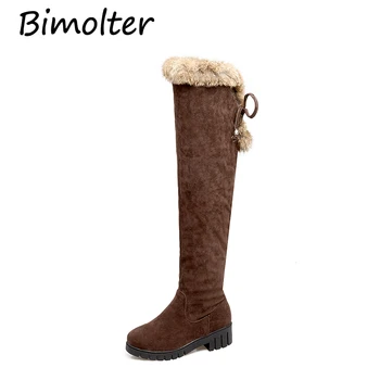 

Bimolter Sexy Lady Over The Knee High Flock Women Snow Boots Female Winter Warm Lace-up Low Square Heel Fur Long Boots PAEA031