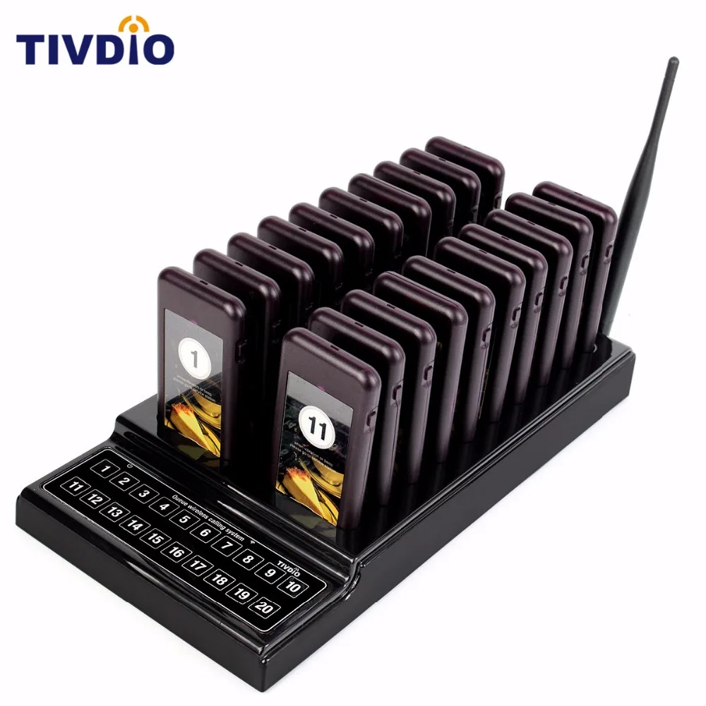 TIVDIO Wireless Restaurant Pager Guest Paging Queuing System 1 Transmitter 20 Chargeable Pagers Restaurants Equipments F9401A