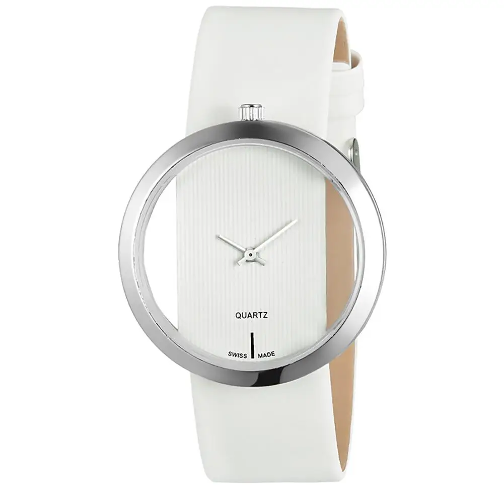 Модные Водонепроницаемый прозрачный Hollowed циферблат аналогового Кварцевые часы Для женщин Искусственная кожа наручные часы