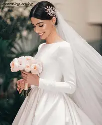 Винтажное Белое Атласное Свадебное Платье трапециевидной формы, с длинными рукавами, с вырезом лодочкой, Vestido Noiva 2019