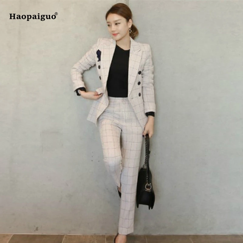 Plus Size Two Pieces Set Women Business Plaid Formal Suits for Women ...