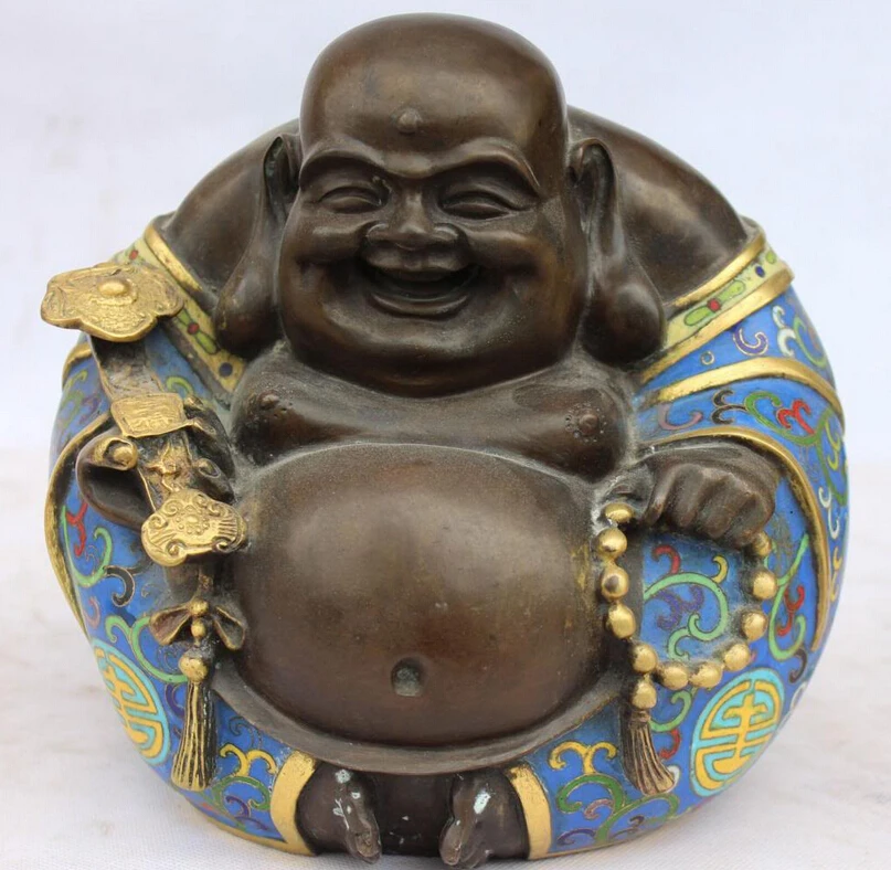 

xiuli 004285 8" Purple Bronze Cloisonne Gilt Happy Laugh Maitreya Buddha Ruyi Beads Statue