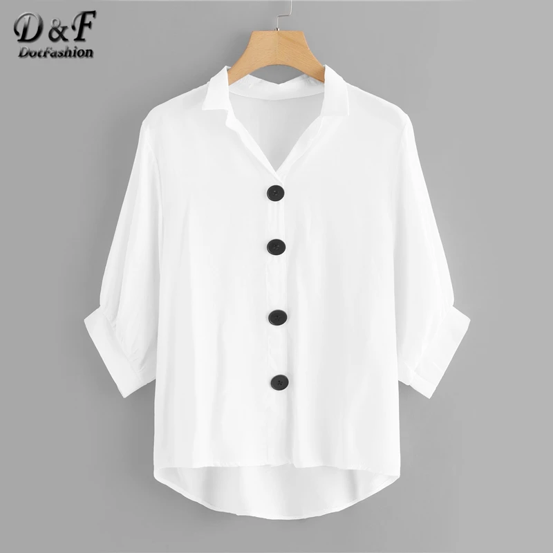 

Dotfashion White Single Breasted Dip Hem Blouse Women Casual Tops Autumn 2019 Clothing Plain Spring Half Sleeve Placket Shirt