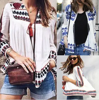 

Summer Style Women Blouse 2016 Vintage New Cotton Linen Blouses Ethnic V-Neck Sleeve blusa feminina chemisier