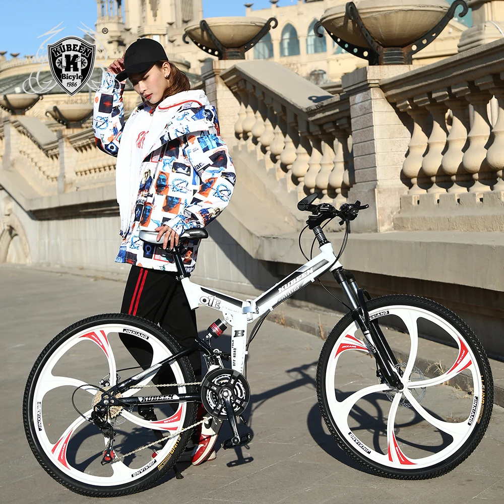 26 inches 21 Speed Folding Bicycle Male / Female / Student Mountain Bike Double Disc Brake Full Shockingproof Frame Brakes