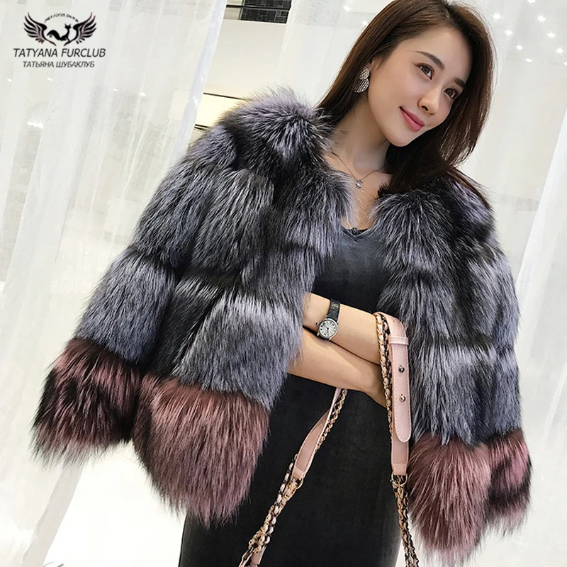 

Tatyana Furclub Real Fur Coat Natural Silver Fox Fur Jacket splice Color Outwear Winter Women Fashion Fur Coat Girl Fur Jacket