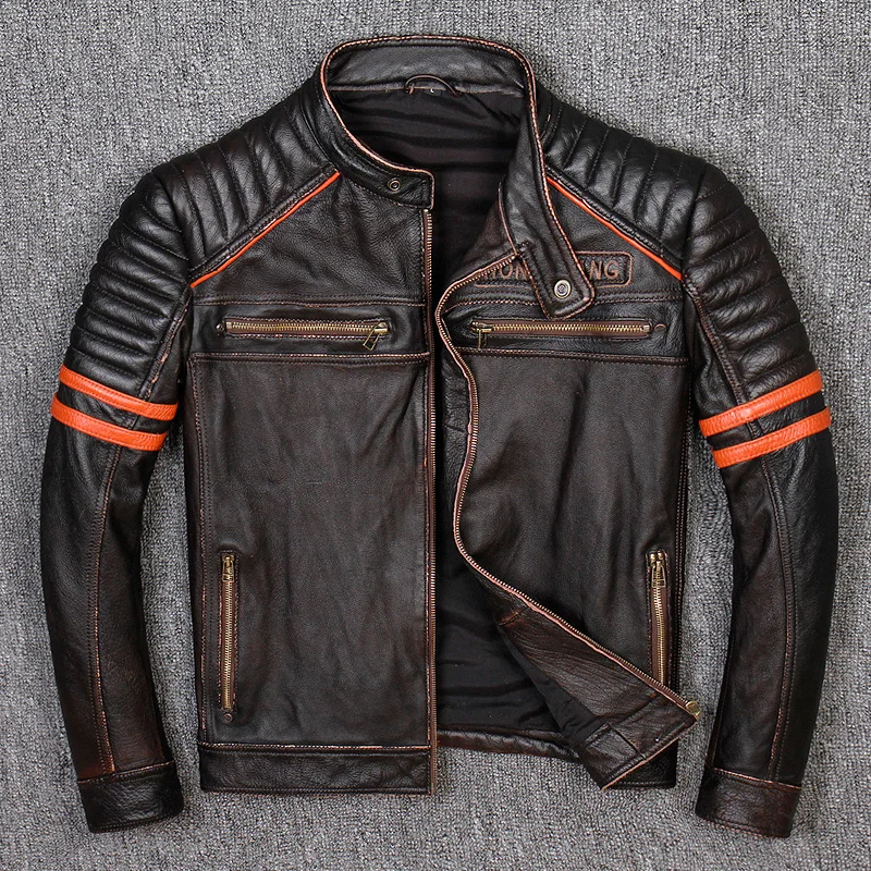 Новое поступление винтажные мужские Куртки из натуральной кожи коровья кожа Мотоциклетные Куртки из натуральной кожи