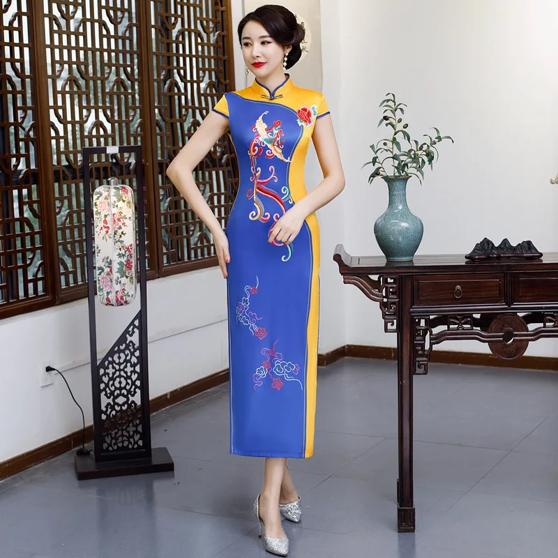 Весеннее длинное платье Qipao женское традиционное атласное шелковое китайское с
