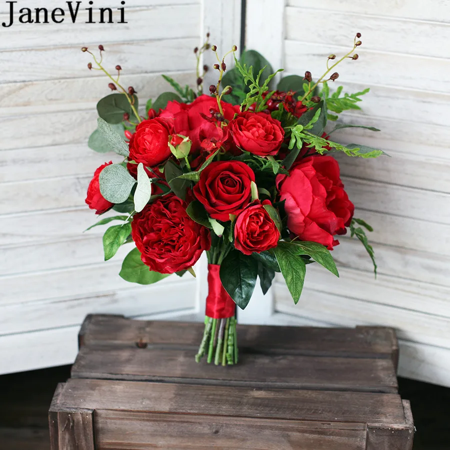 

JaneVini 2018 Graceful Red Peony Rose Bridal Bouquets for Wedding Artificial Silk Holding Wedding Flowers Bouquet Fleur Mariage
