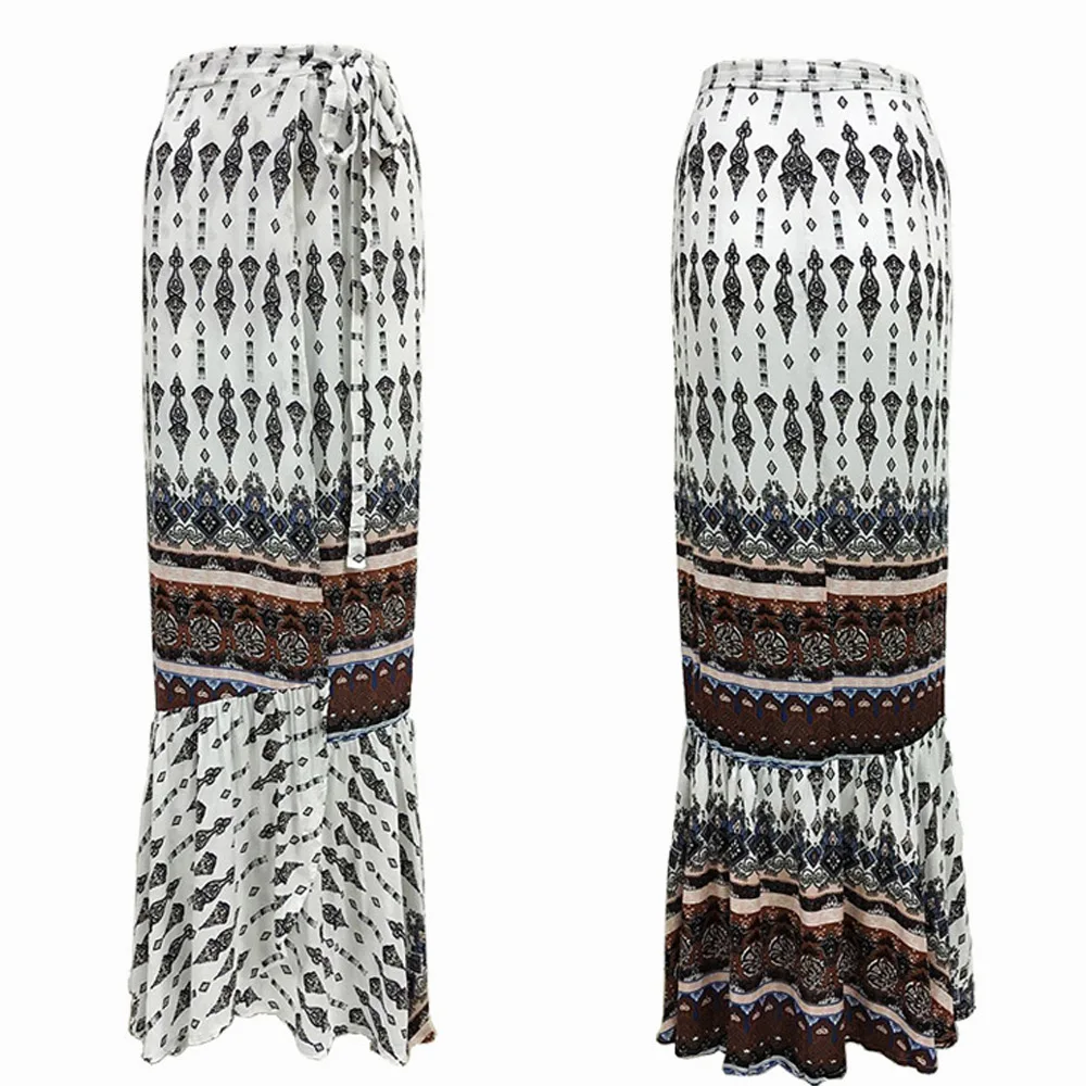 White-K Новинка года для женщин Boho Sexy Высокая талия цветочный разделение пляжная юбка для лета обёрточная бумага Длинное Платье Макси - Цвет: White-K