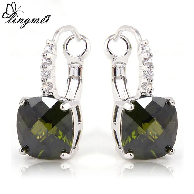 Lingmei Fashion Jewelry Posh Olive Green Peridot White Cz Dangle Lingmei Fashion Jewelry Posh Olive Green Peridot White Cz Dangle Hook Silver Color Earrings Whole