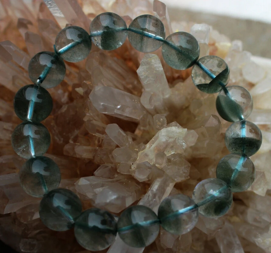 

002013 TOP!! Natural Green Ghost Phantom Quartz Clear Crystal Stretch Bracelet