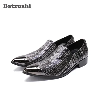 

Batzuzhi Italy Style Mens Leather Shoes Pointed Metal Tip Luxury Formal Genuine Leather Dress Shoes Print Pattern Zapatos Hombre