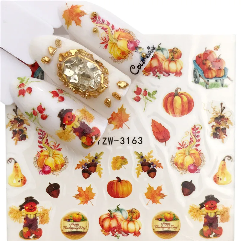

FWC 1PC Nail Stickers Maple Leaf / Clown / Pumpkin Water Decal Animal Flower Plant Pattern Sticker Nail Art Decoration