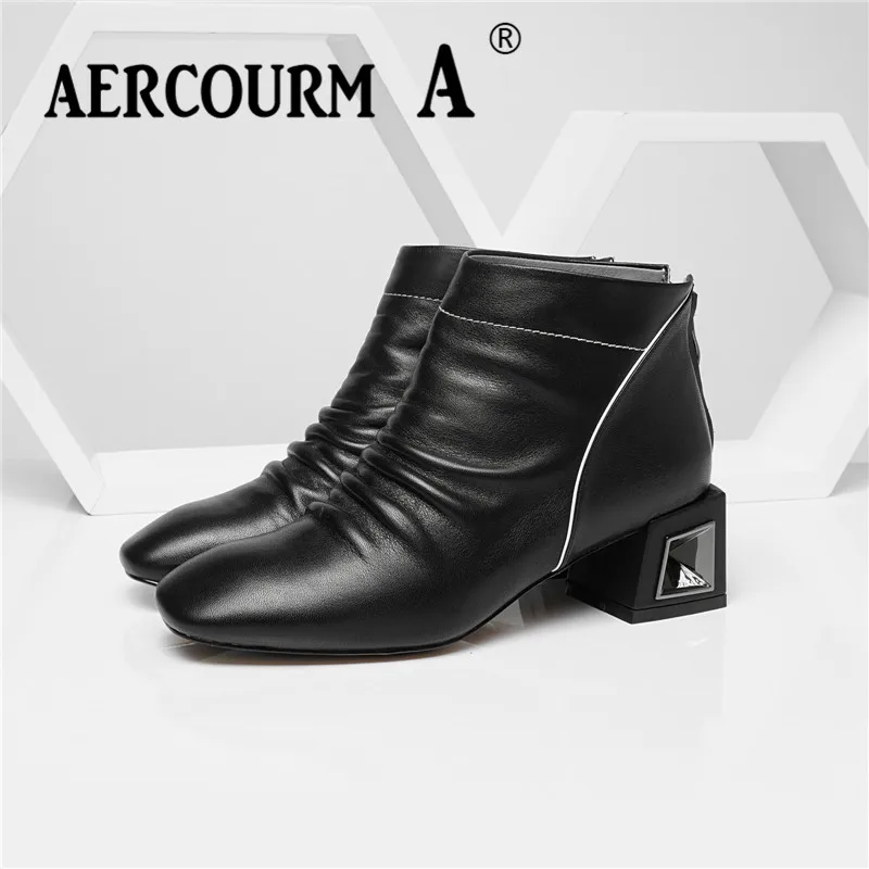 Aercourm A 2019 г. Для женщин сапоги зимние ботильоны Для женщин на среднем каблуке сапоги из натуральной кожи короткие плюшевые ботинки складные