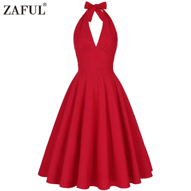 ZAFUL Плюс размер Летние Женщины старинные Dress red solid холтер hepbum 50 s халат Рокабилли Ретро Party Dress Feminino Vestidos