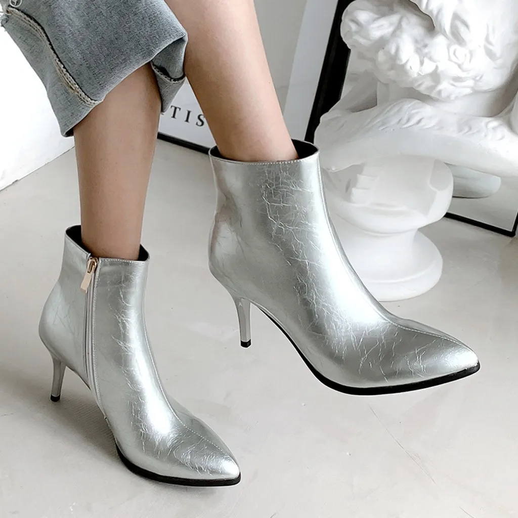 

2019 New Flock Ankle Boots Women's Patent Pure Boots Mid-Boots Ankle Zipper Thin Heel Casual Boots Shoes 30 Dropshipping