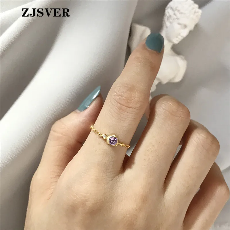 

ZJSVER Korean Jewelry 925 Sterling Silver Ring Golden Simple Purple Crystal Opening Adjustable Women Chain Ring Festival Present