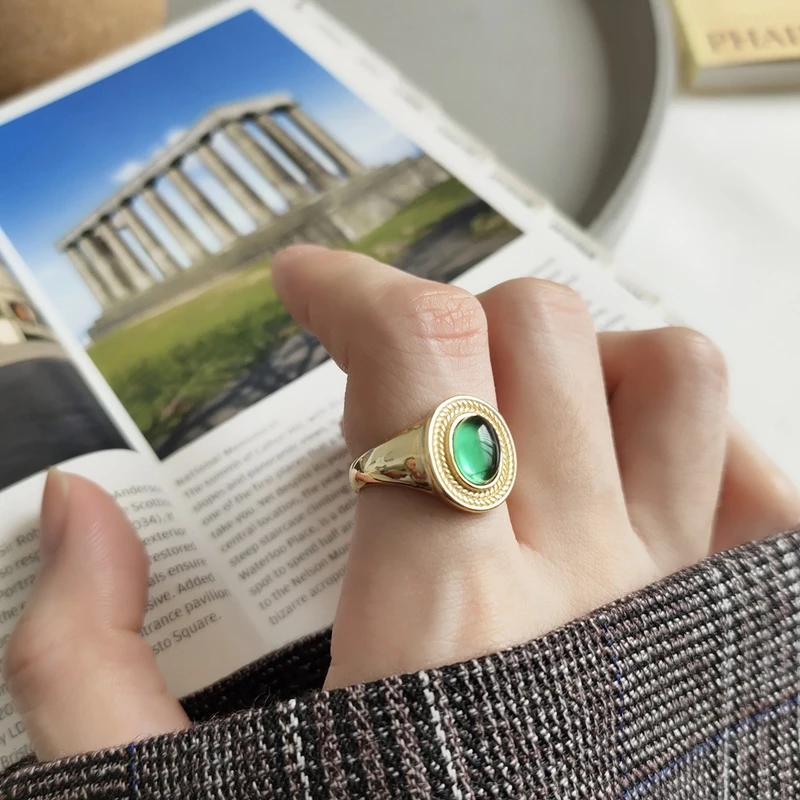 

New Gold Adjustable Ring 925 Sterling Silver Elliptical Green Crystal Female Ring Open Big Wide Rings For Women Fashion Jewelry