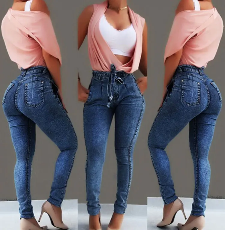 Летние Высокая талия джинсы Для женщин уличная бинты джинсовые Большие джинсы Femme карандаш брюки весна обтягивающие джинсы
