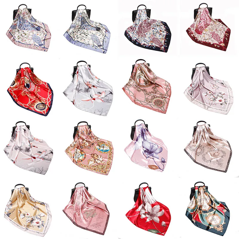 

High Quality Women Luxury Satin Print Kapok Scarves Simulation Silk 90cm Satin Square Scarfs Shawl Flower Scarves