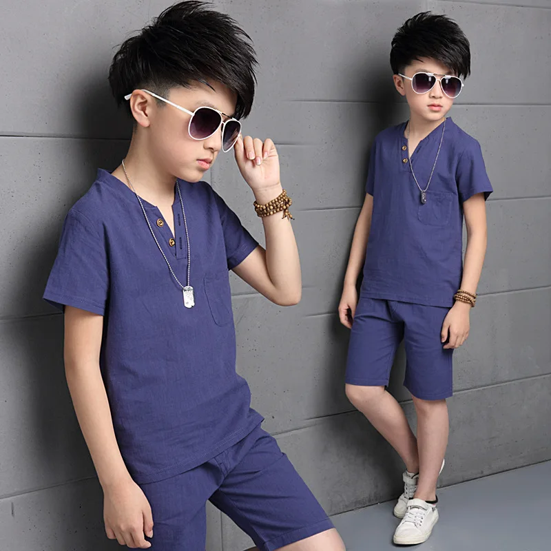 

summer boys 2pc clothing sets Casual linen v-neck t-shirt and shorts kids clothes sport suit Children's Pajama Clothing set