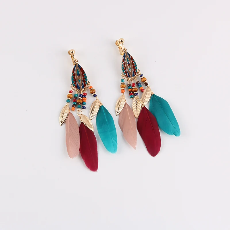 Fashion Bohemian Long Tassel Enamel Feather Clip on Earrings For Women ear clip earrings,clip earrings,ear clip,ear accessories
