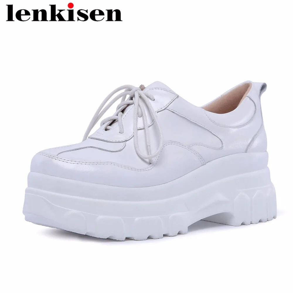 

Lenkisen spring autumn platform round toe lace up cow leather thick high bottom plus size women vulcanized casual shoes L4f3