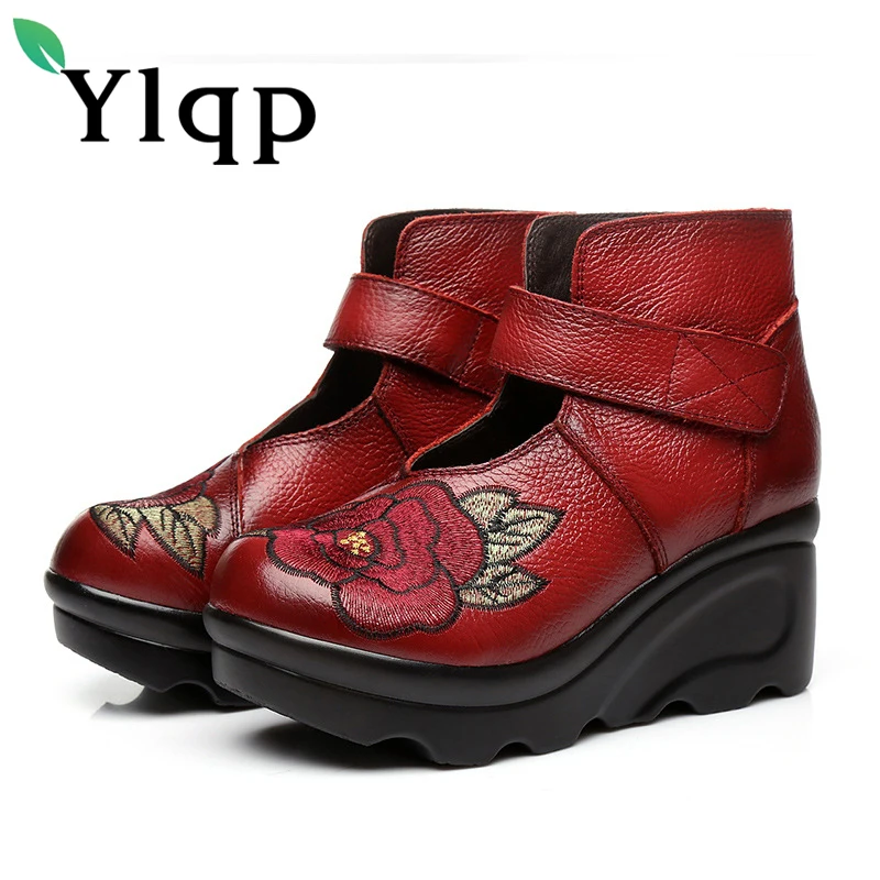 

Ylqp Beauty 2018 Spring Style National Wind Embroidery Short Boots Retro Floral Genuine Leather Mother Shoes Female Slope Boots
