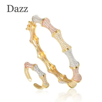 

Dazz Beautiful Round Geometric Tricolor Zircon Bangle Ring Set Women's Wedding Accessories Gifts African Luxury Jewelry Set 2019