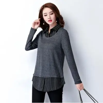 

Clobee 2017 Social Autumn Fake Two Pieces Shirts Plus Size Blouses For Women 3xl 4xl 5xl Blusas Femininas Striped Tops A521